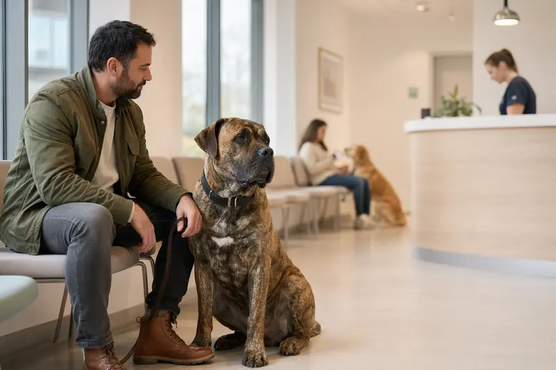 Ein Mastin Canario sitzt ruhig neben seinem Besitzer im hellen Wartezimmer einer modernen Tierarztpraxis.